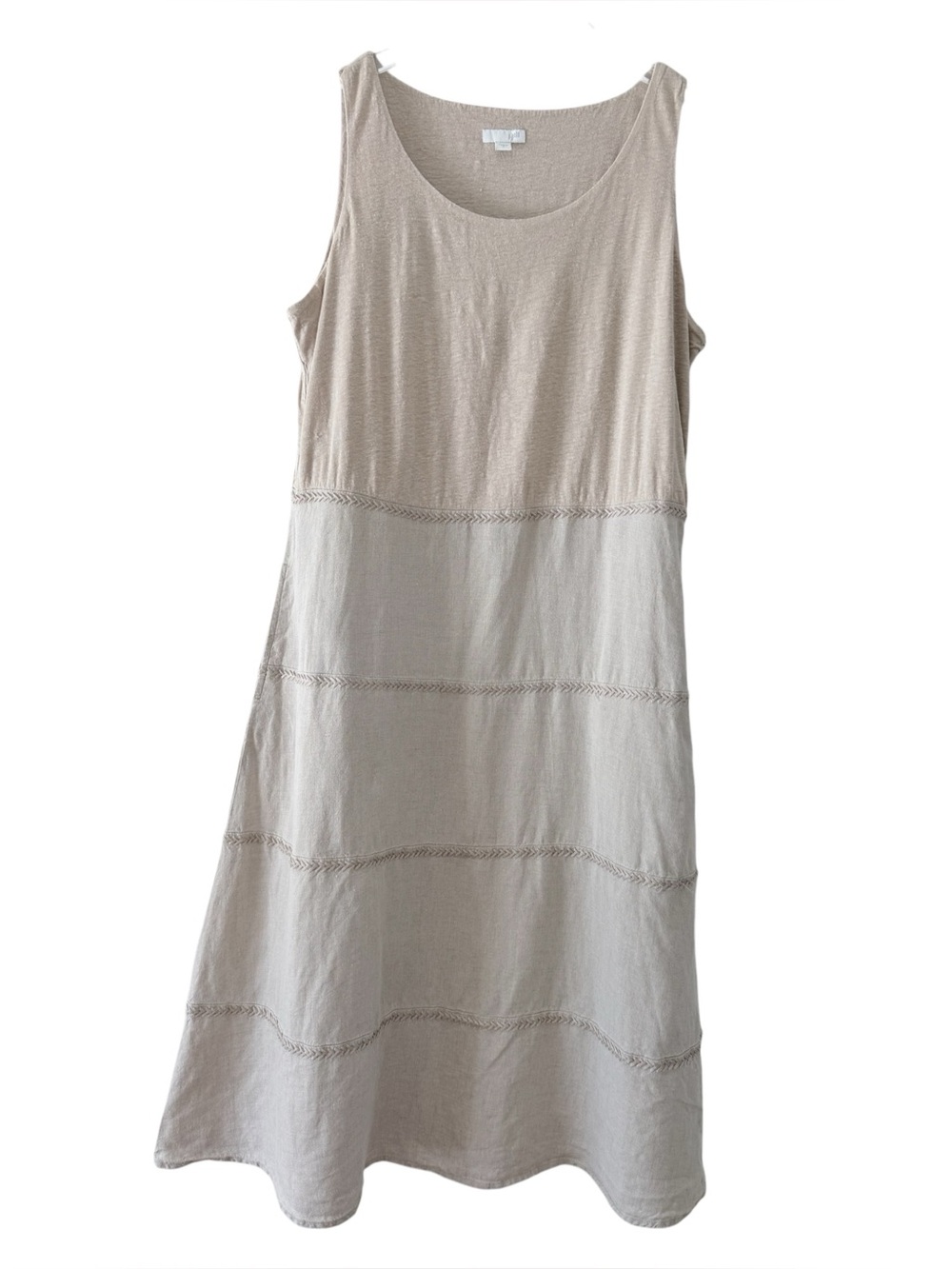 100% Linen Sleeveless Neutral Khaki Tan Tiered 2 Pocket Midi Size Small